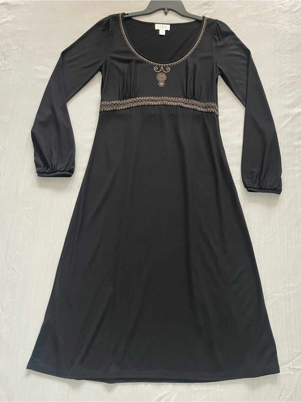 LOFT Black Long Sleeve Empire A-Line Dress with Gold Trim